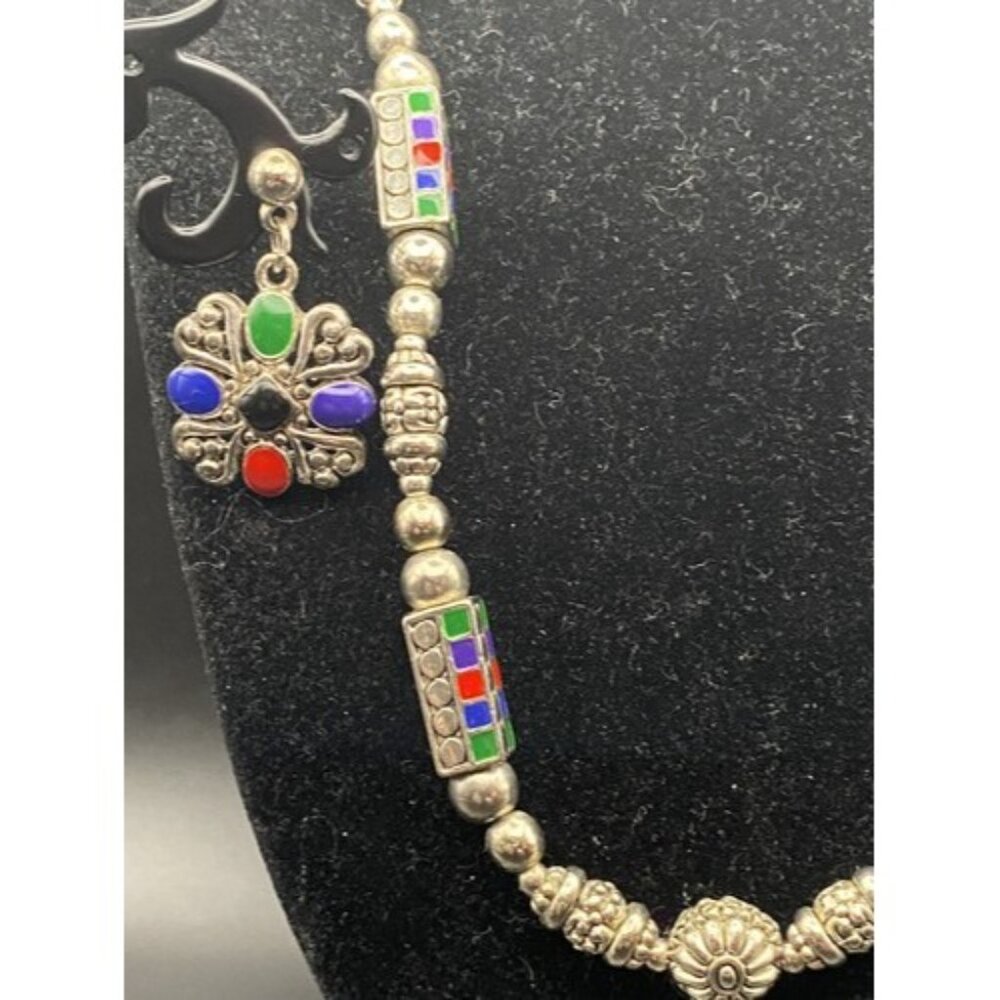Boho Silver Tone Multi Color Cabochon Necklace Dangle Earring Set Tribal Style - Picture 3 of 10